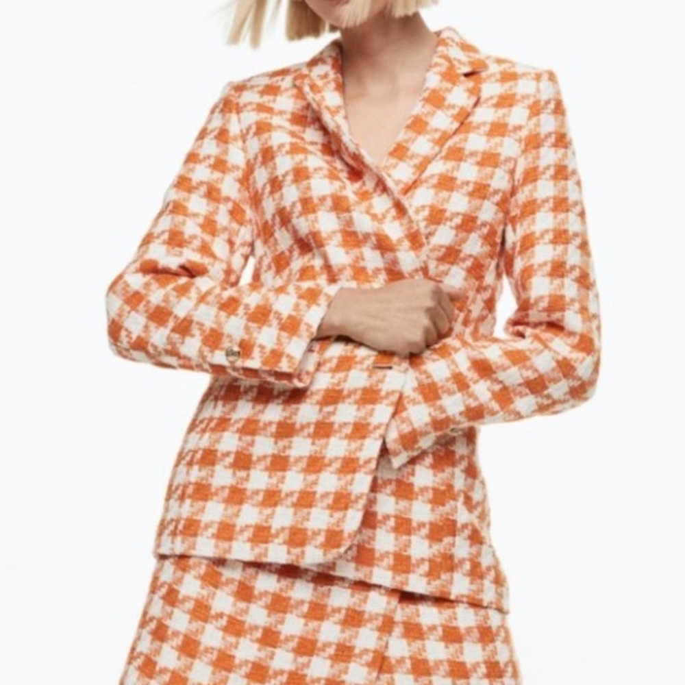 H&M Orange Ivory White Tweed Houndstooth Check Blazer Gold Crest Buttons